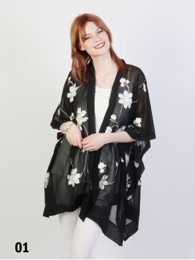 Black And White Floral Embroidery Kimono